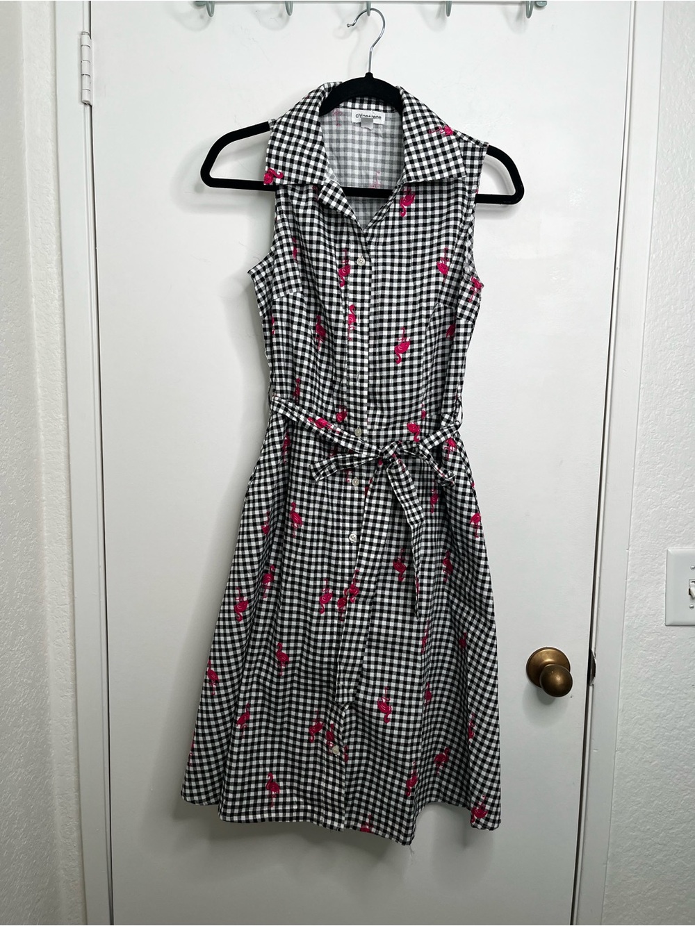Chloe + Rene Pink Flamingo Gingham Belted Button Up Dress XL Pockets Whimsical
